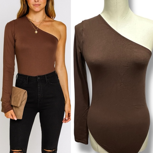 229 Forever 21 | EUC Chocolate Brown One-Shoulder Bodysuit (Size S/M) - Picture 1 of 10